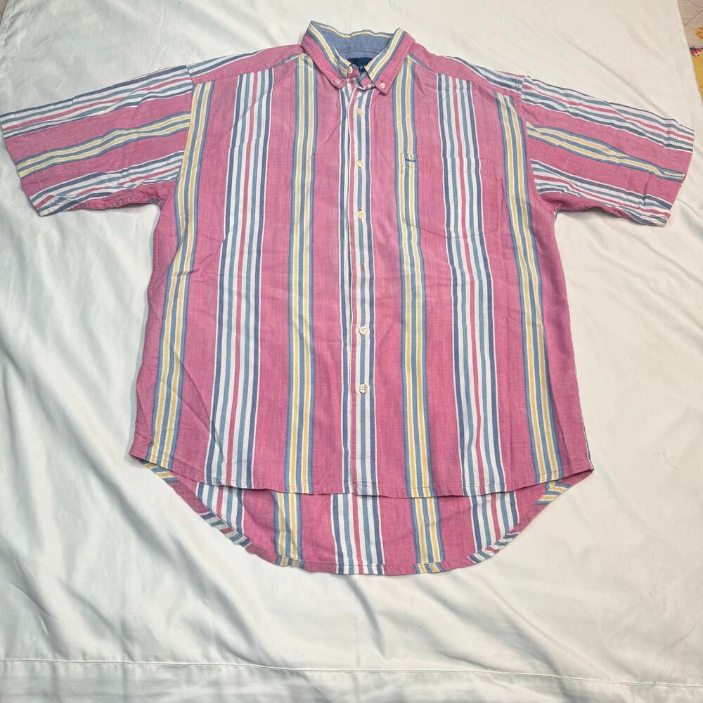 Vintage Blueprint Men’s Striped Short Sleeve Button-Down Shirt M Pink Yellow